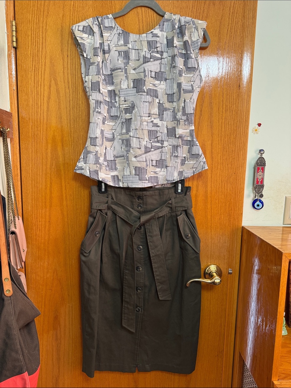 H&M Women’s Olive Green Straight Button Skirt with Tie Belt, With Structure Top